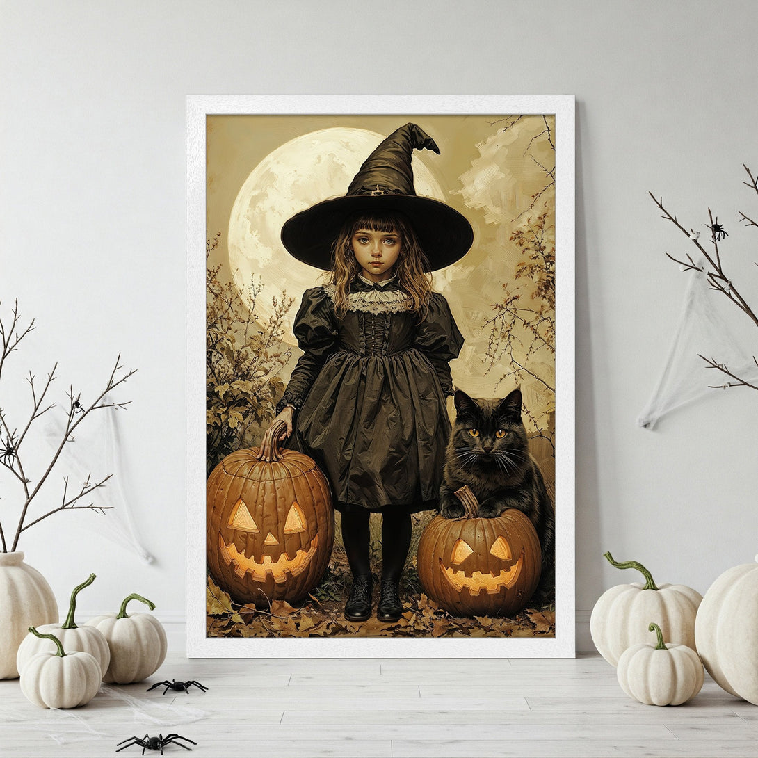 Framed Poster featuring a witch with pumpkins and a black cat, vintage style, warm color palette perfect for Halloween decor.