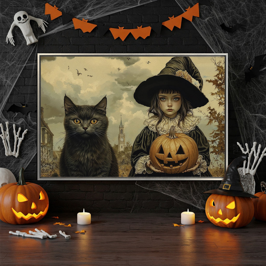 Framed Wall Art: Spooky Halloween scene with a witch, black cat, and pumpkin. Vintage style, warm orange and black palette for a festive touch.