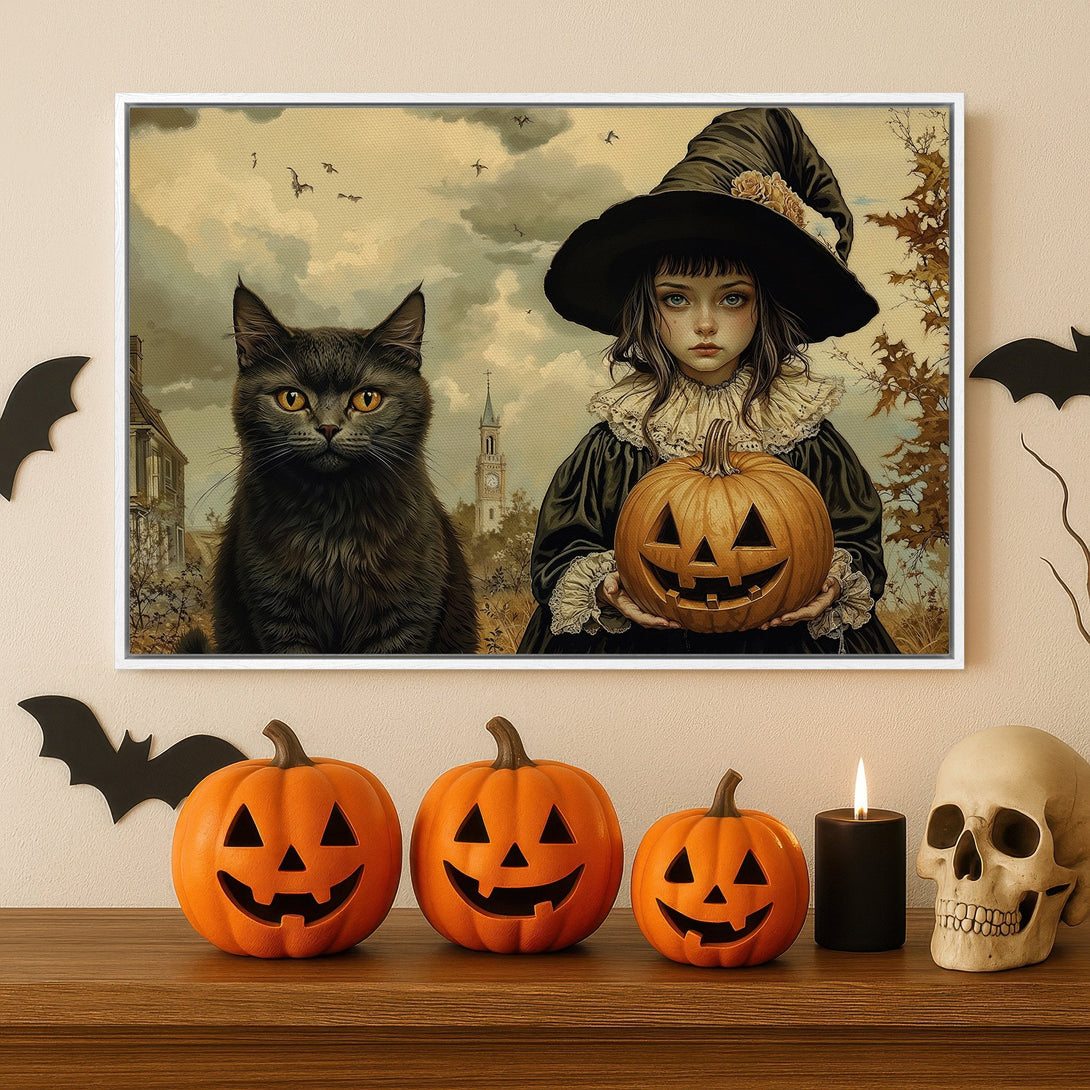 Framed Wall Art: Spooky Halloween scene with witch, black cat, and pumpkin. Vintage style with muted orange, black, and beige tones. Perfect for seasonal decor!