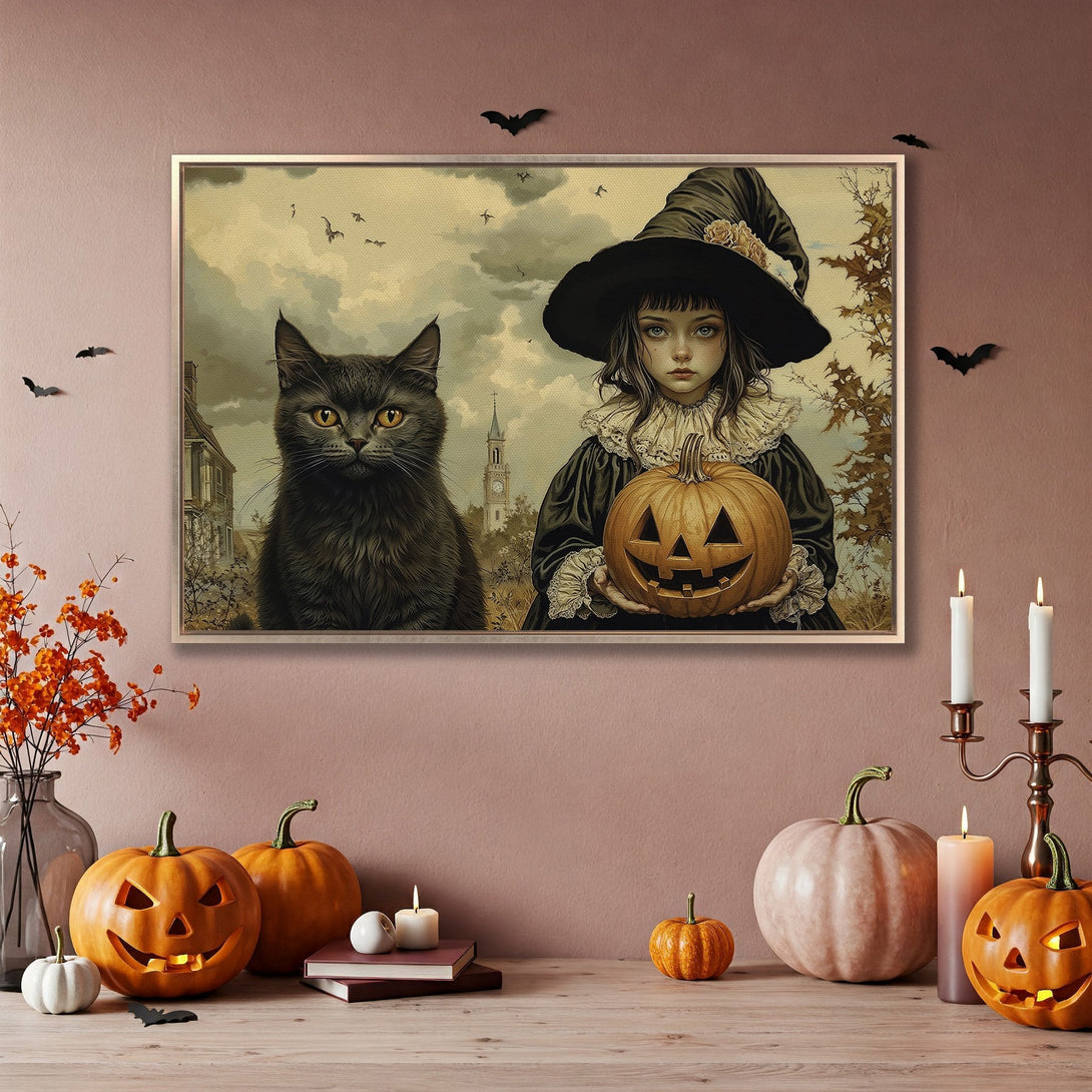 Framed Wall Art: Spooky Halloween scene with a witch, black cat, and pumpkin. Vintage style, warm color palette, perfect for fall decor.