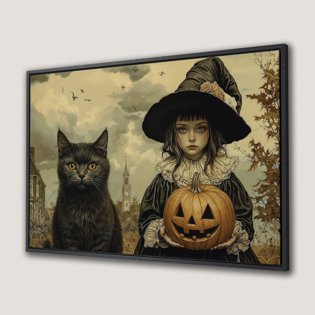 Framed Wall Art: Spooky Halloween portrait of a witch with a black cat and pumpkin. Vintage style with warm, autumnal color palette. Perfect for fall decor.