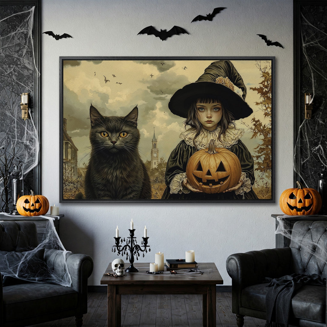 Framed Wall Art: Spooky Halloween scene with witch, black cat, and pumpkin. Vintage style, neutral color palette. Perfect for seasonal decor!