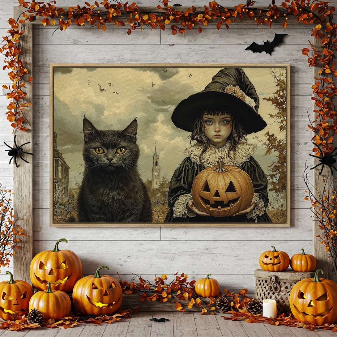 Framed Wall Art: Spooky Halloween scene with witch, black cat, and pumpkin. Vintage style, warm orange and grey color palette. Perfect fall decor.