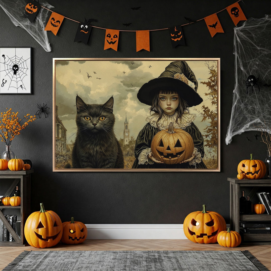 Framed Wall Art: Spooky Halloween scene with witch, black cat, and pumpkin. Vintage style, earthy tones, perfect for seasonal decor.