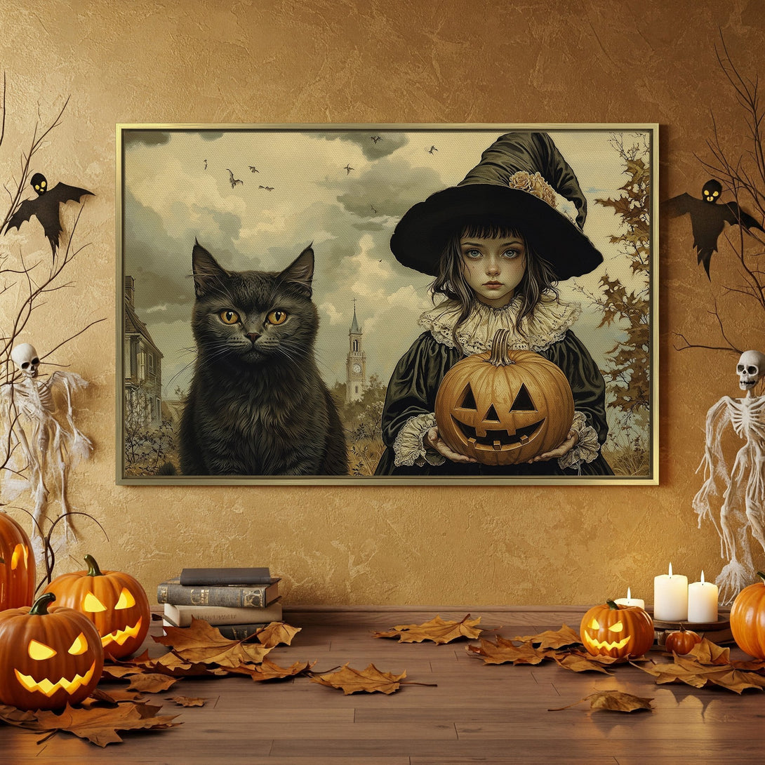Canvas Print: Spooky Halloween art featuring a witch, black cat, and pumpkins. Vintage style with a warm, autumnal color palette. Perfect for seasonal decor.