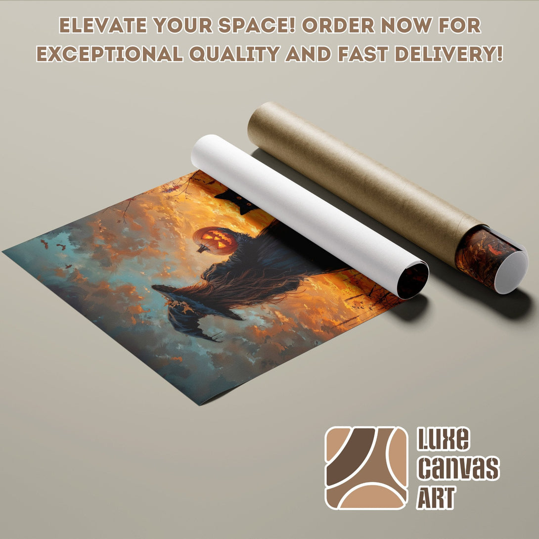Halloween-themed Poster Roll art. Dramatic style with orange, blue, and brown tones. Elevate your space!