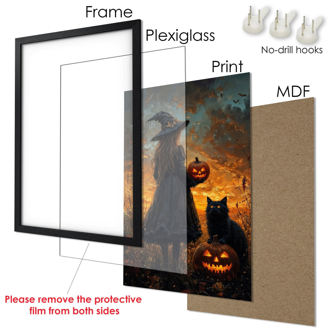 Framed Poster featuring a witch, black cat, and pumpkin with a warm, sunset color palette. Perfect Halloween decor!
