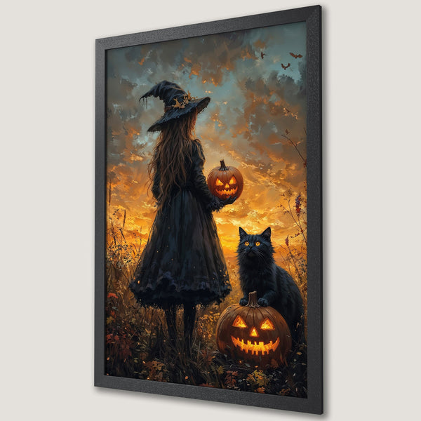 Framed Poster featuring a witch, black cat, and jack-o'-lanterns in a Halloween scene. Warm orange and black color palette, artistic style.