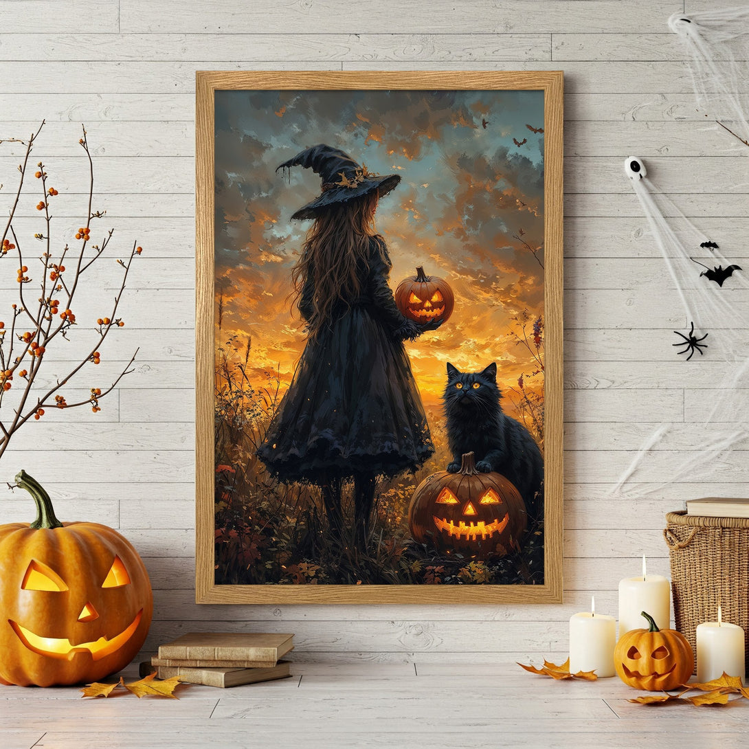 Framed Poster featuring a witch, cat, and pumpkin in a fantasy style with a warm orange and black color palette. Perfect Halloween decor!