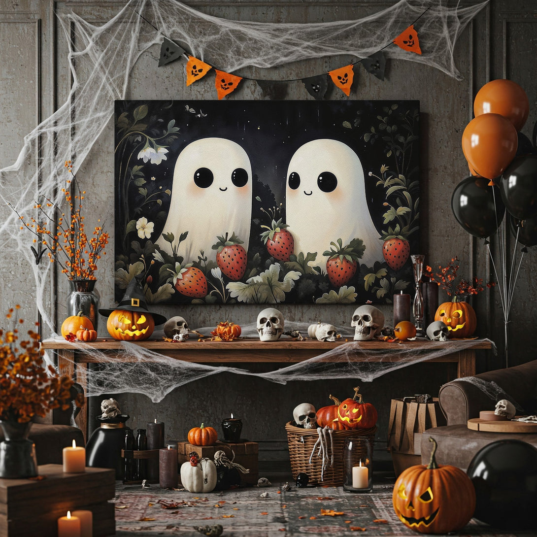 Framed Wall Art: Cute ghost print with strawberries, whimsical style. Features a black, white, and red color palette. Perfect for Halloween decor!