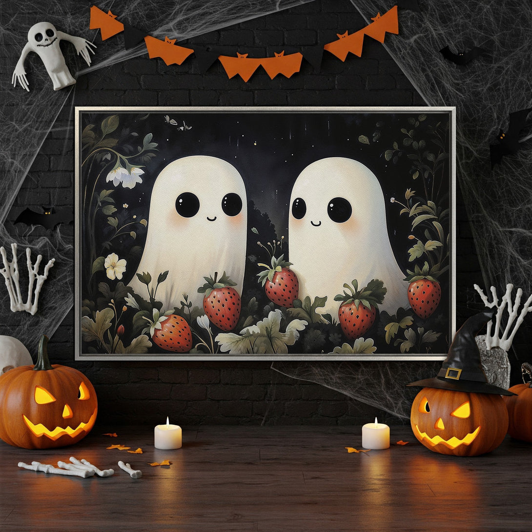 Framed Wall Art: Adorable ghost art with strawberries, perfect for Halloween decor. Whimsical style, dark & orange color palette. Spooky & cute!
