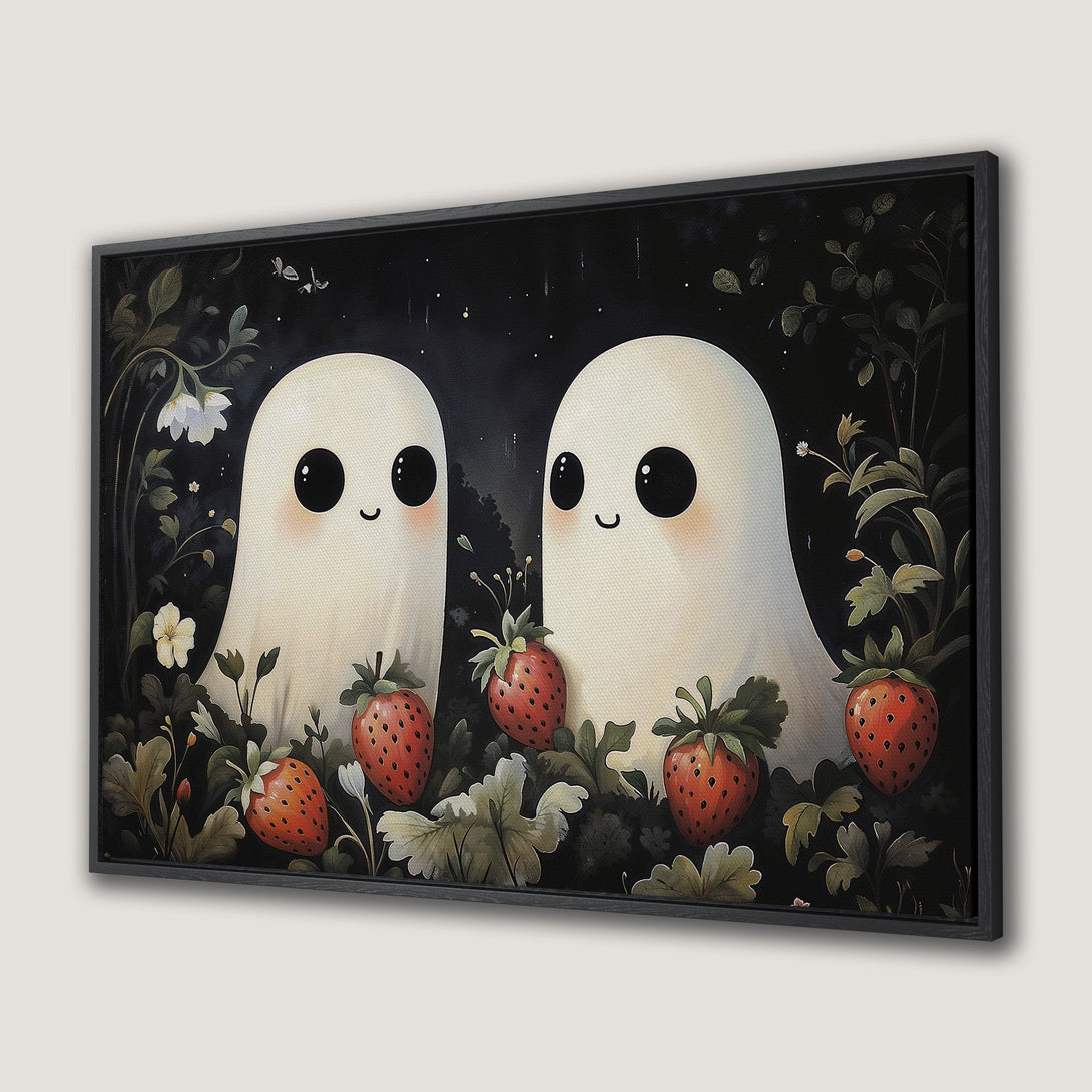 Canvas Print featuring cute ghost art with strawberries, whimsical style, and a dark, earthy color palette. Perfect for Halloween decor!