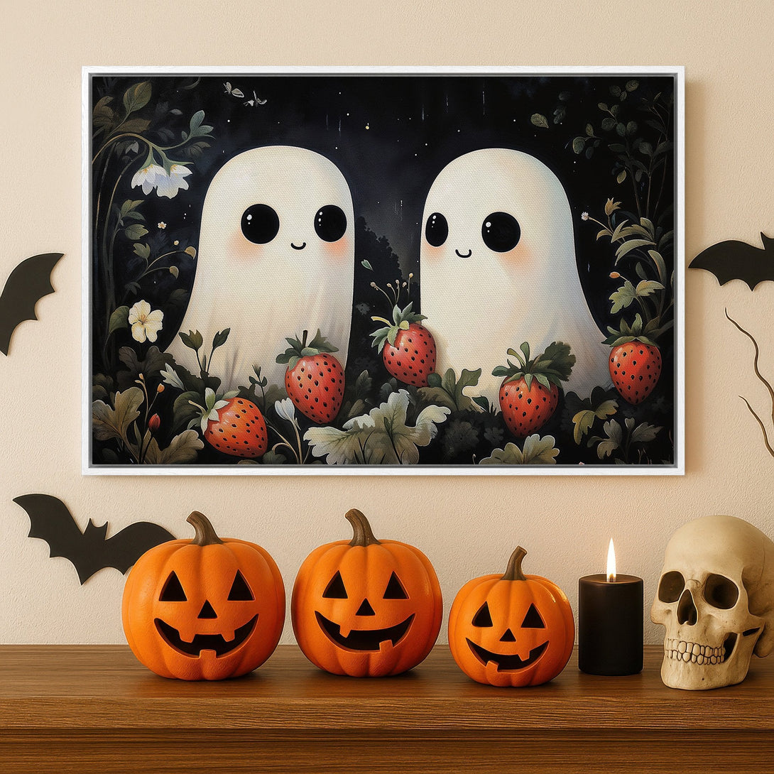 Framed Wall Art: Cute ghost art with strawberries. Whimsical illustration in a dark, moody palette. Perfect Halloween decor for a cozy space.