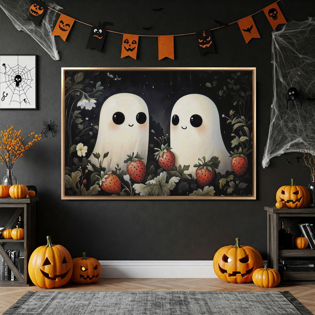 Framed Wall Art: Adorable ghost art with strawberries, perfect for Halloween decor! Black, orange, and white color palette. Add spooky charm to your home.