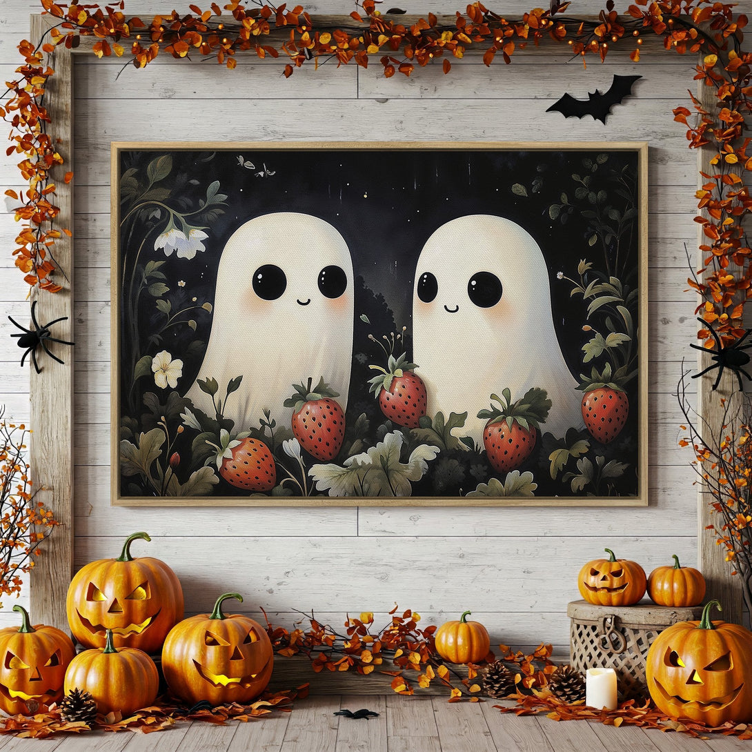 Framed Wall Art: Cute ghost illustration with strawberries. Halloween decor in a warm, autumnal color palette. Perfect for spooky season!