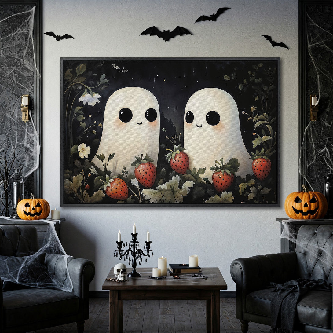 Framed Wall Art: Adorable ghost art with strawberries, perfect for Halloween decor. Features a whimsical style with a dark, moody color palette.