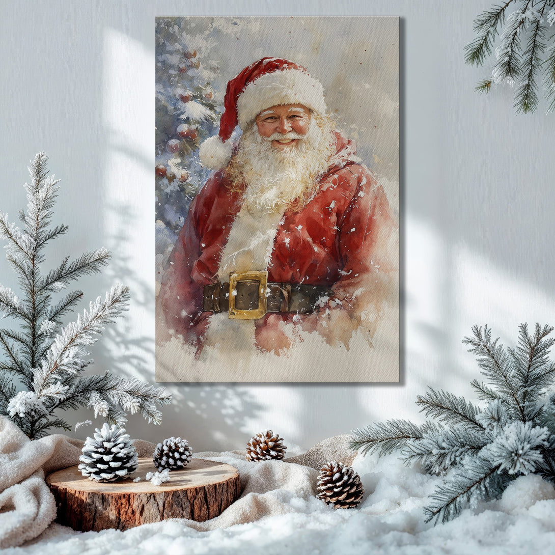 Framed Wall Art: Watercolor Santa Claus print in a festive interior with a Christmas tree. Warm red, gold, and green color palette. Perfect holiday decor!
