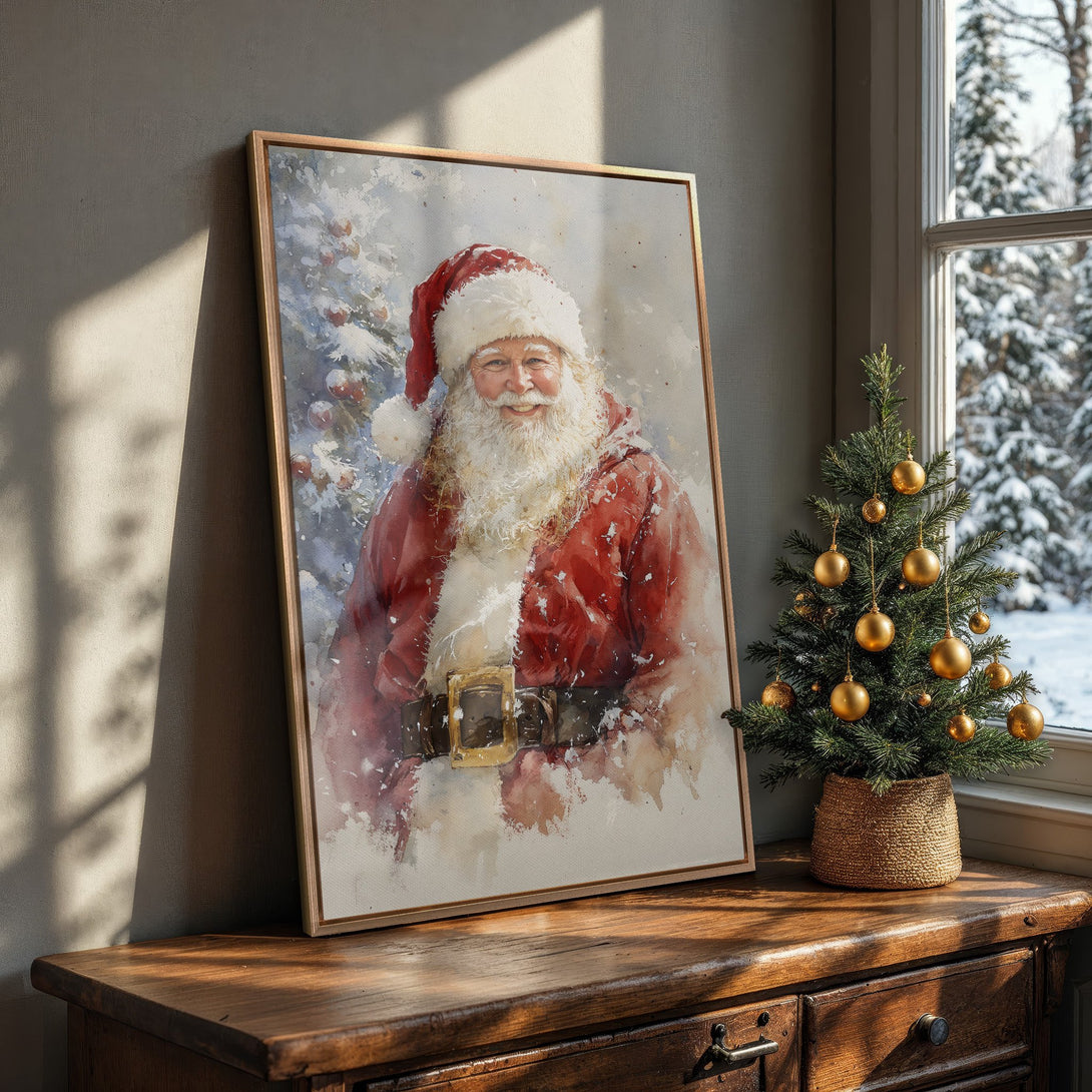 Framed Wall Art featuring Santa Claus watercolor painting in a warm red, white, and gold palette. Perfect Christmas decor for your home!