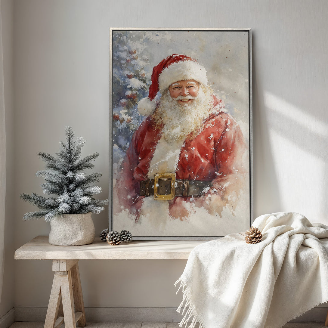 Framed Wall Art featuring a watercolor Santa Claus portrait. Festive red, white, and blue color palette. Perfect Christmas decor for a cozy interior.