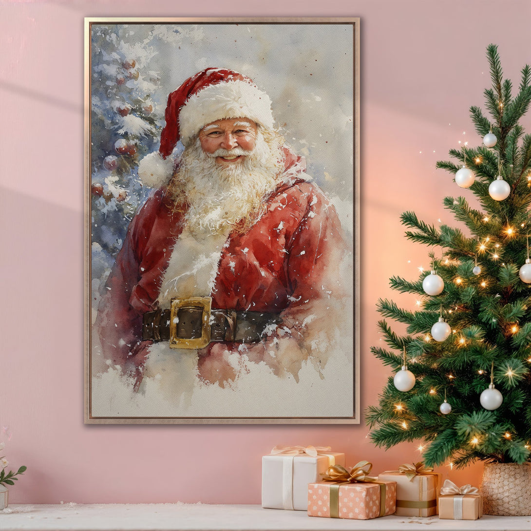 Framed Wall Art of Santa Claus watercolor painting, festive red and white palette. Perfect Christmas decor!