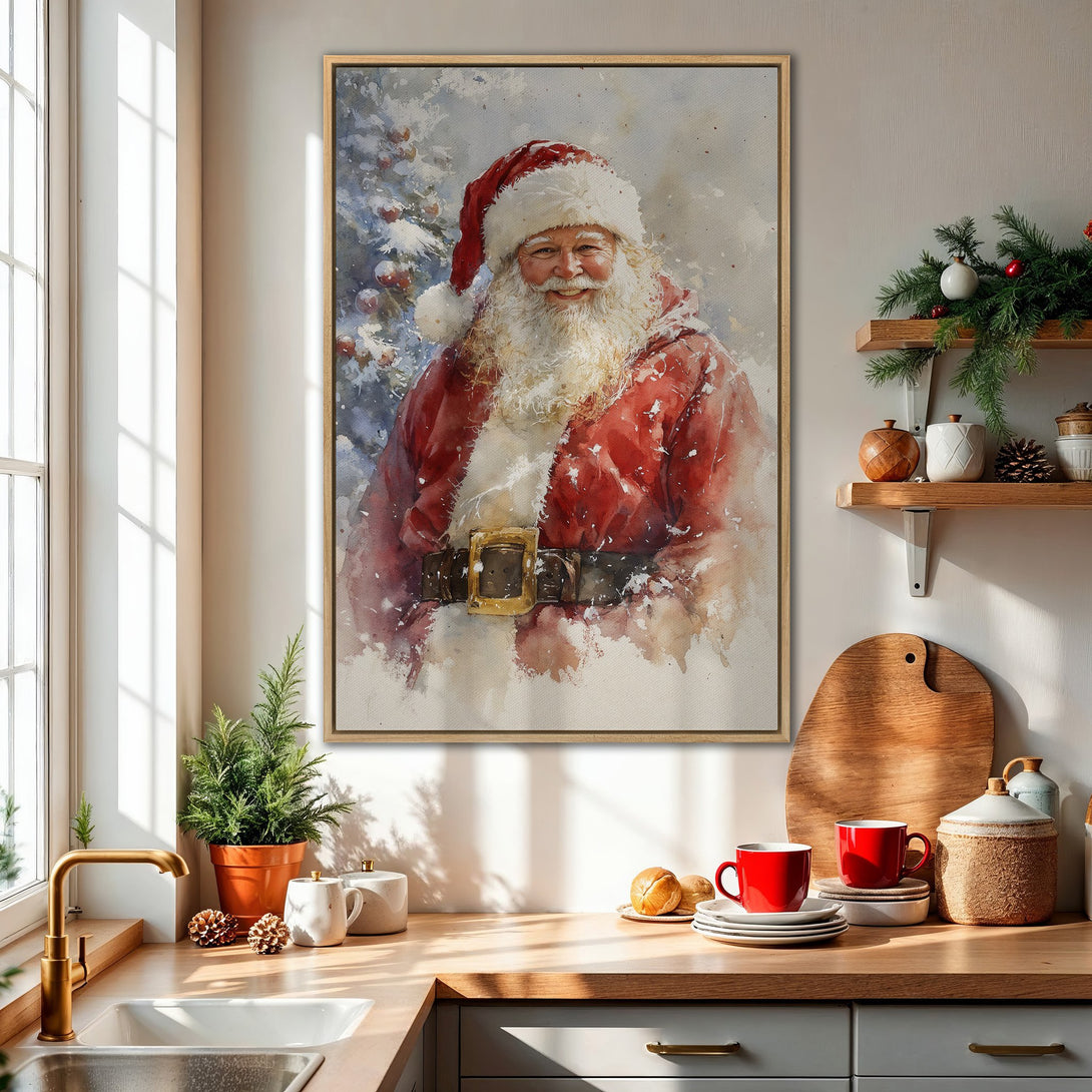 Framed Wall Art: Watercolor Santa Claus in a cozy kitchen. Festive red, white, and neutral tones. Perfect Christmas decor for a warm, inviting space.