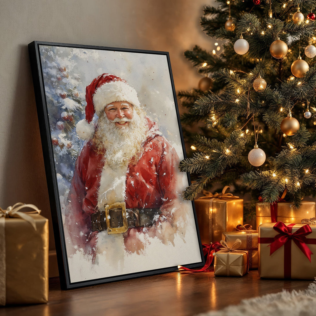 Framed Wall Art featuring Santa Claus watercolor painting. Festive Christmas decor with red, white, and gold color palette, perfect for holiday home accents.