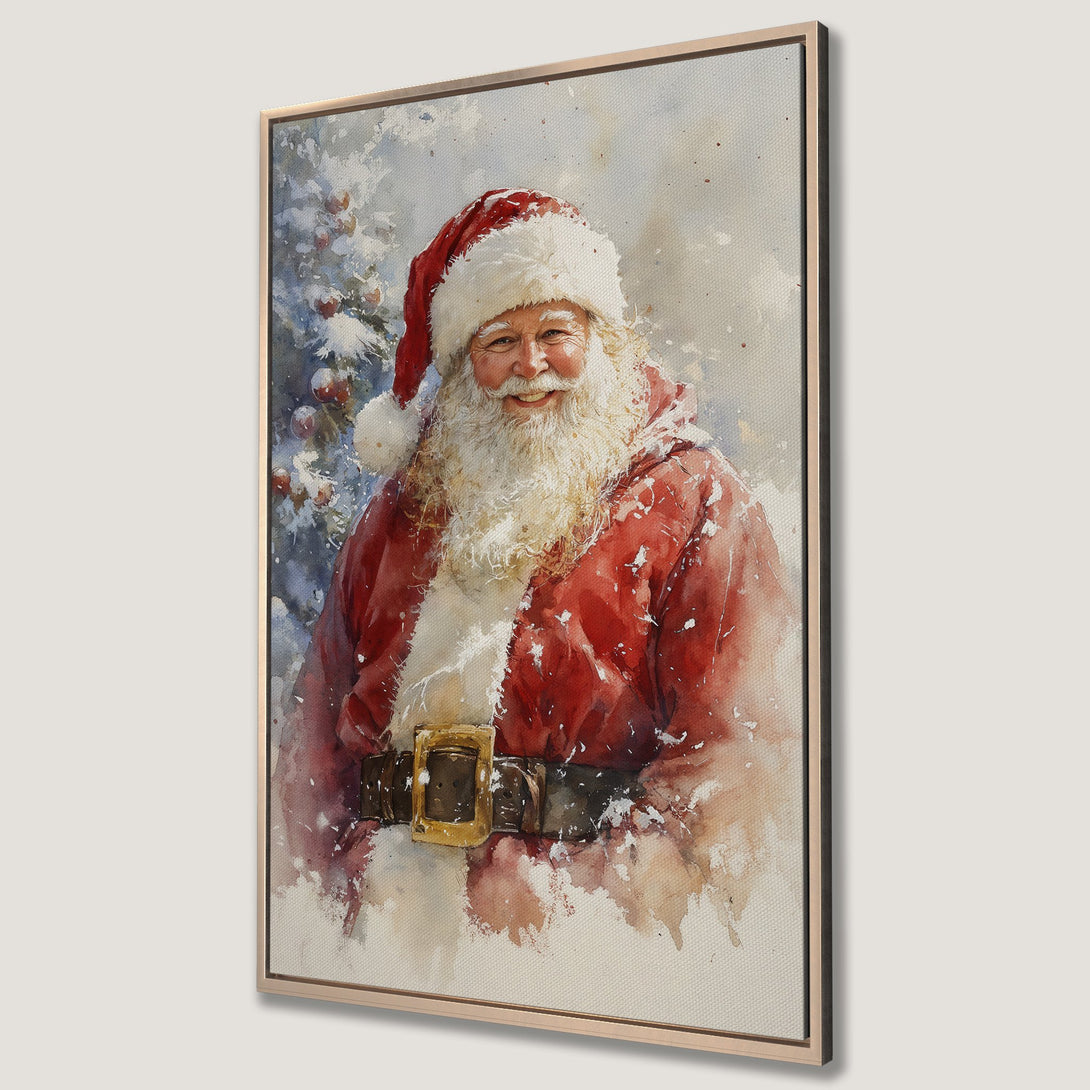 Framed Wall Art Canvas Print of Santa Claus in watercolor style. Features a red and white color palette. Perfect Christmas decor!