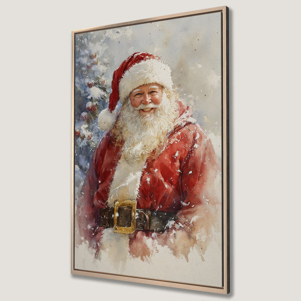 Framed Wall Art Canvas Print of Santa Claus in watercolor style. Features a red and white color palette. Perfect Christmas decor!