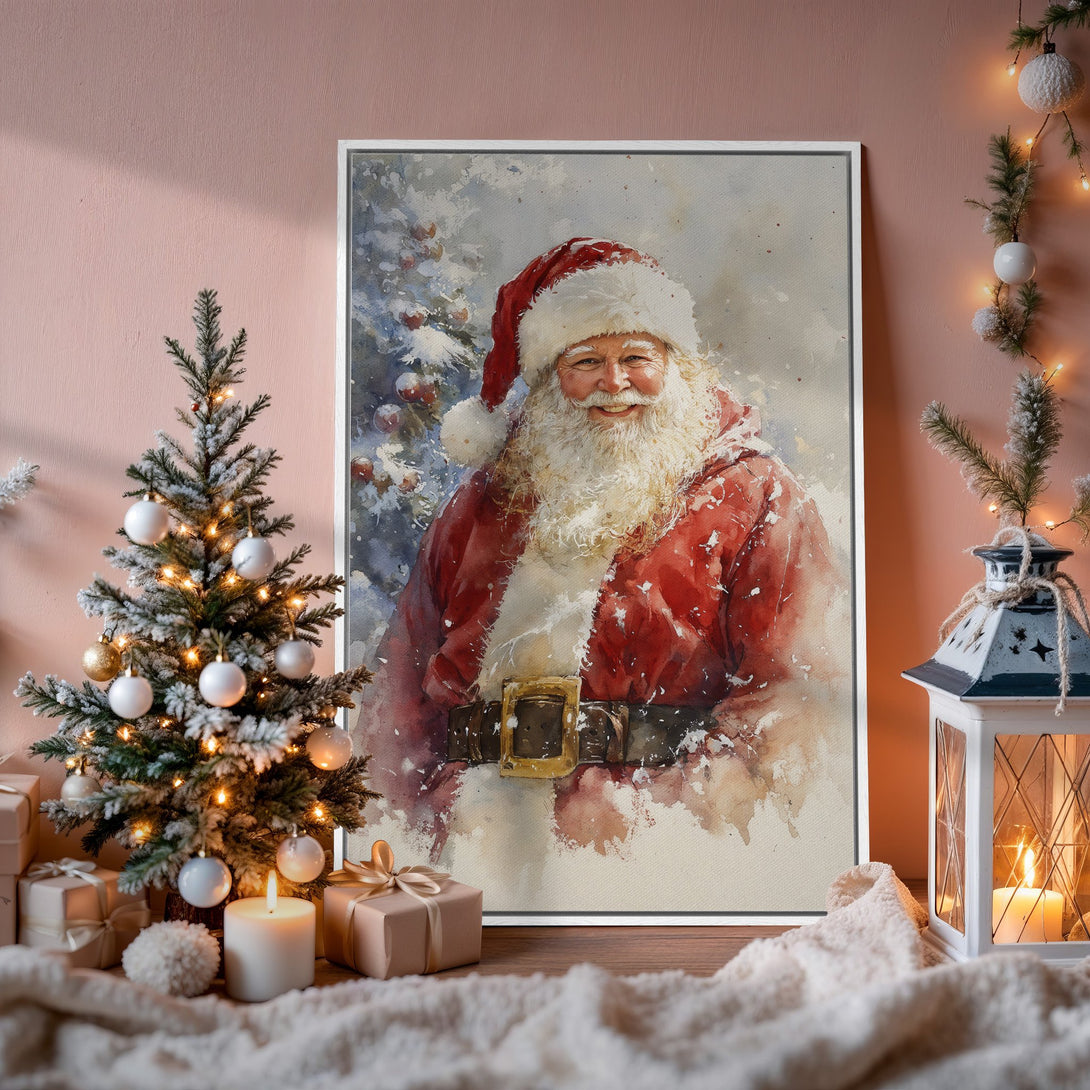 Framed Wall Art: Watercolor Santa Claus print in a cozy interior. Warm red, white, and neutral tones create a festive holiday atmosphere. Perfect Christmas decor!