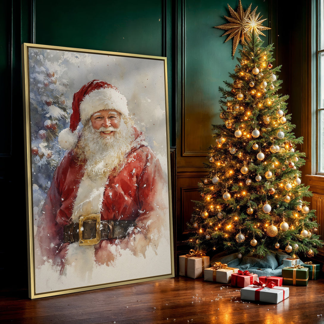 Canvas Print of Santa Claus watercolor art, festive red and white color palette, perfect Christmas decor.