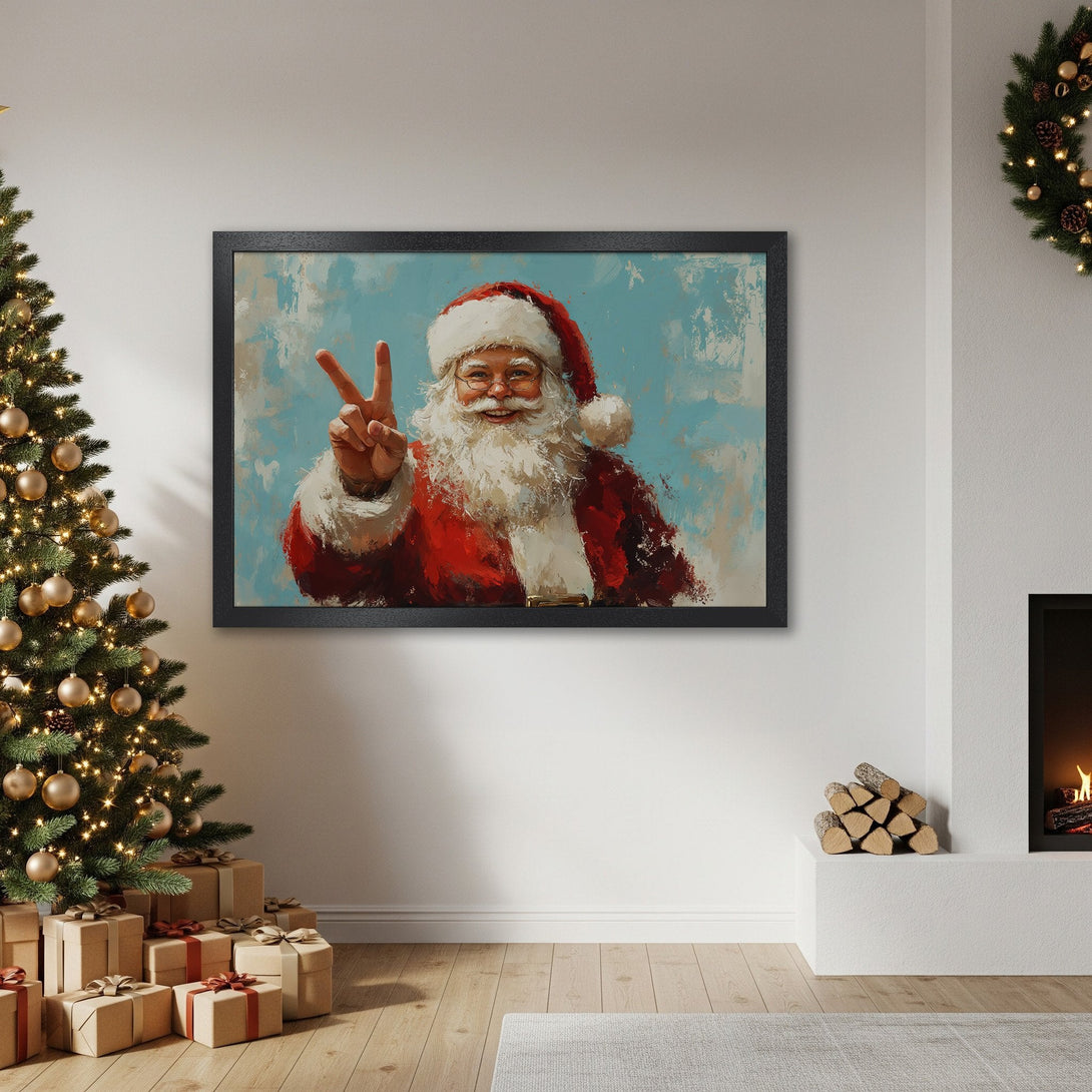Framed Poster featuring Santa Claus, painted in a vibrant, impressionistic style with a red, blue, and white color palette. Perfect Christmas decor!