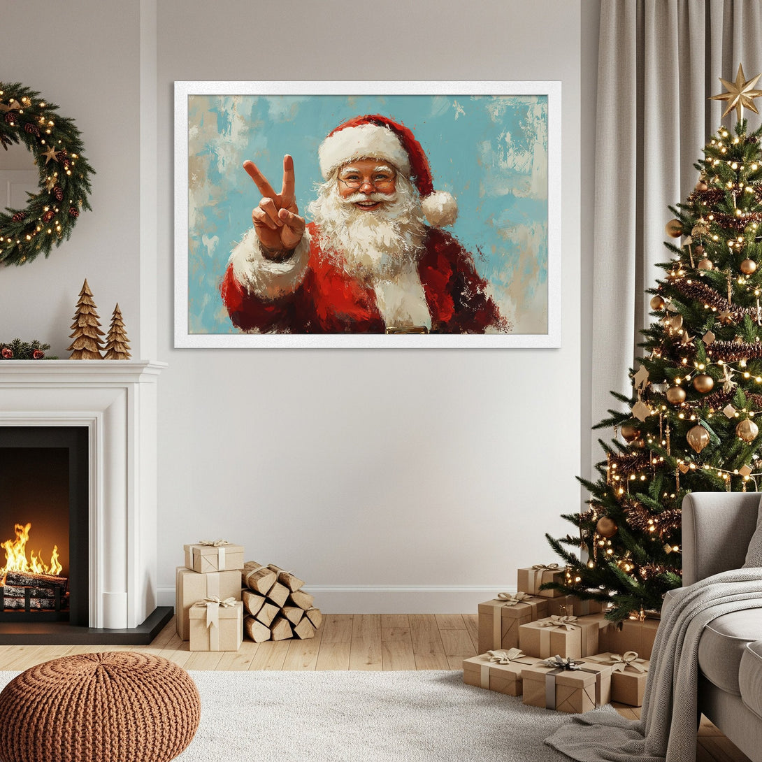 Framed Poster of Santa Claus in a festive, impressionistic style. Red, white, and blue color palette, perfect for Christmas decor.