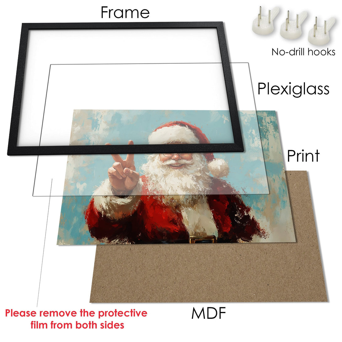 Framed Poster of Santa Claus in a painterly style, featuring red, white, and blue hues. Perfect holiday decor!