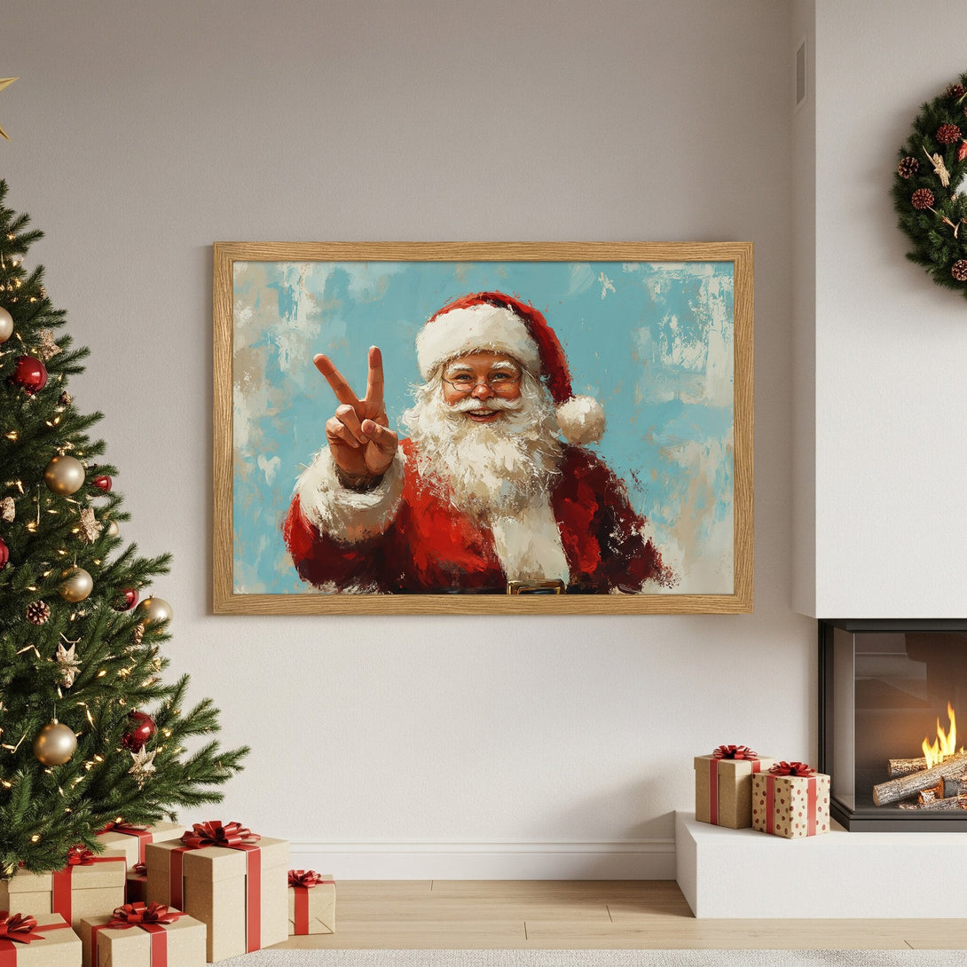 Framed Poster of Santa Claus giving peace sign, vibrant red and blue palette, abstract style, perfect Christmas decor.