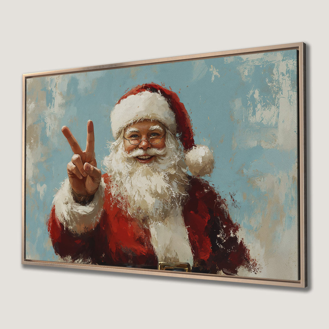 Framed Wall Art featuring Santa Claus giving peace sign. Impressionistic style with red, blue, and white color palette, perfect for holiday decor.