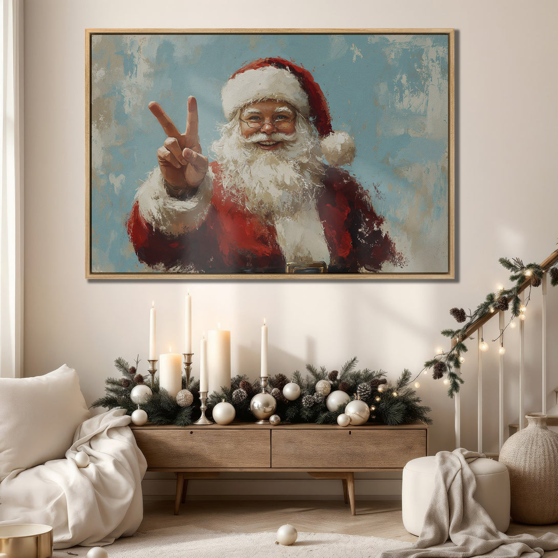 Framed Wall Art: Santa Claus painting in a modern style, featuring a red, white, and blue color palette. Perfect holiday decor for your home!