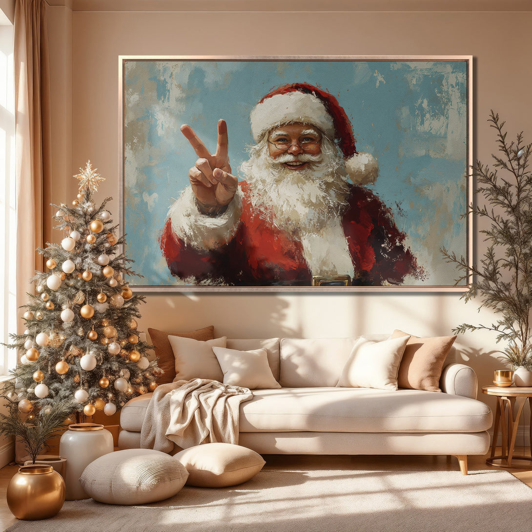 Framed Wall Art: Santa Claus painting in a cozy interior. Festive red, blue, and white color palette. Perfect Christmas decor!