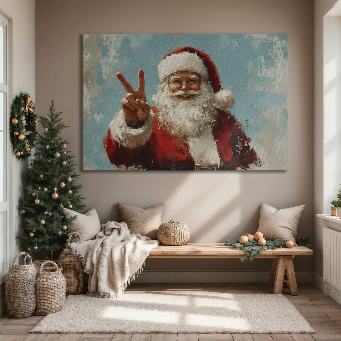 Framed Wall Art: Santa Claus painting in a modern style with a red, blue, and white color palette. Perfect Christmas decor!