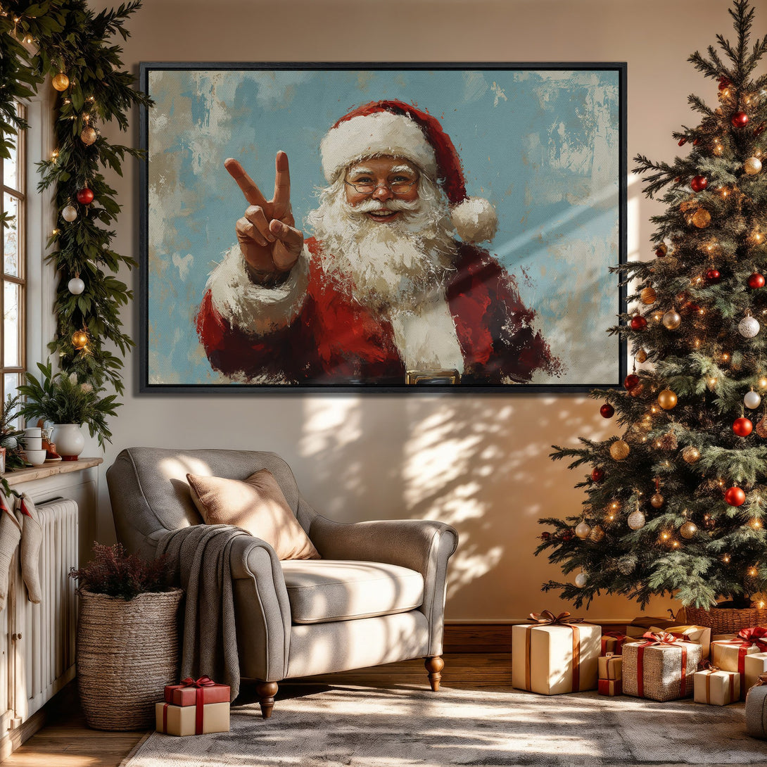 Framed Wall Art featuring Santa Claus giving a peace sign. Festive Christmas decor with red, blue, and white color palette, adding holiday cheer to any space.