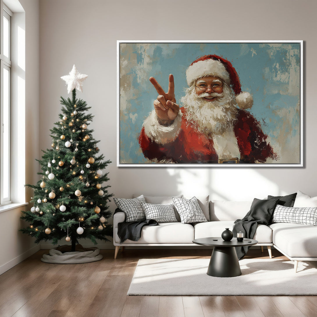 Framed Wall Art: Santa Claus painting in a living room. Festive artwork with red, blue, and white color palette. Perfect Christmas decor.