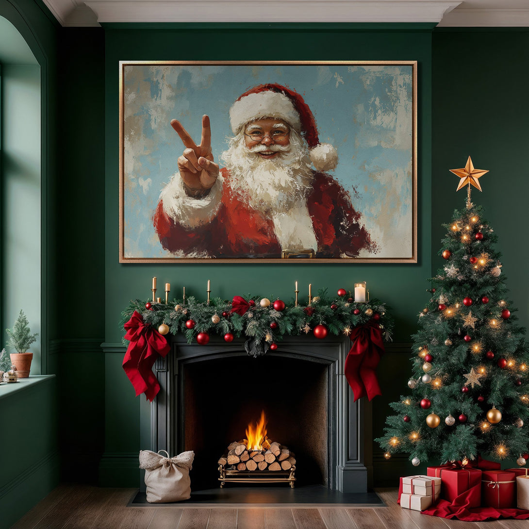 Framed Wall Art: Santa Claus portrait in a cozy Christmas interior. Warm red, gold, and green color palette, perfect for holiday decor.