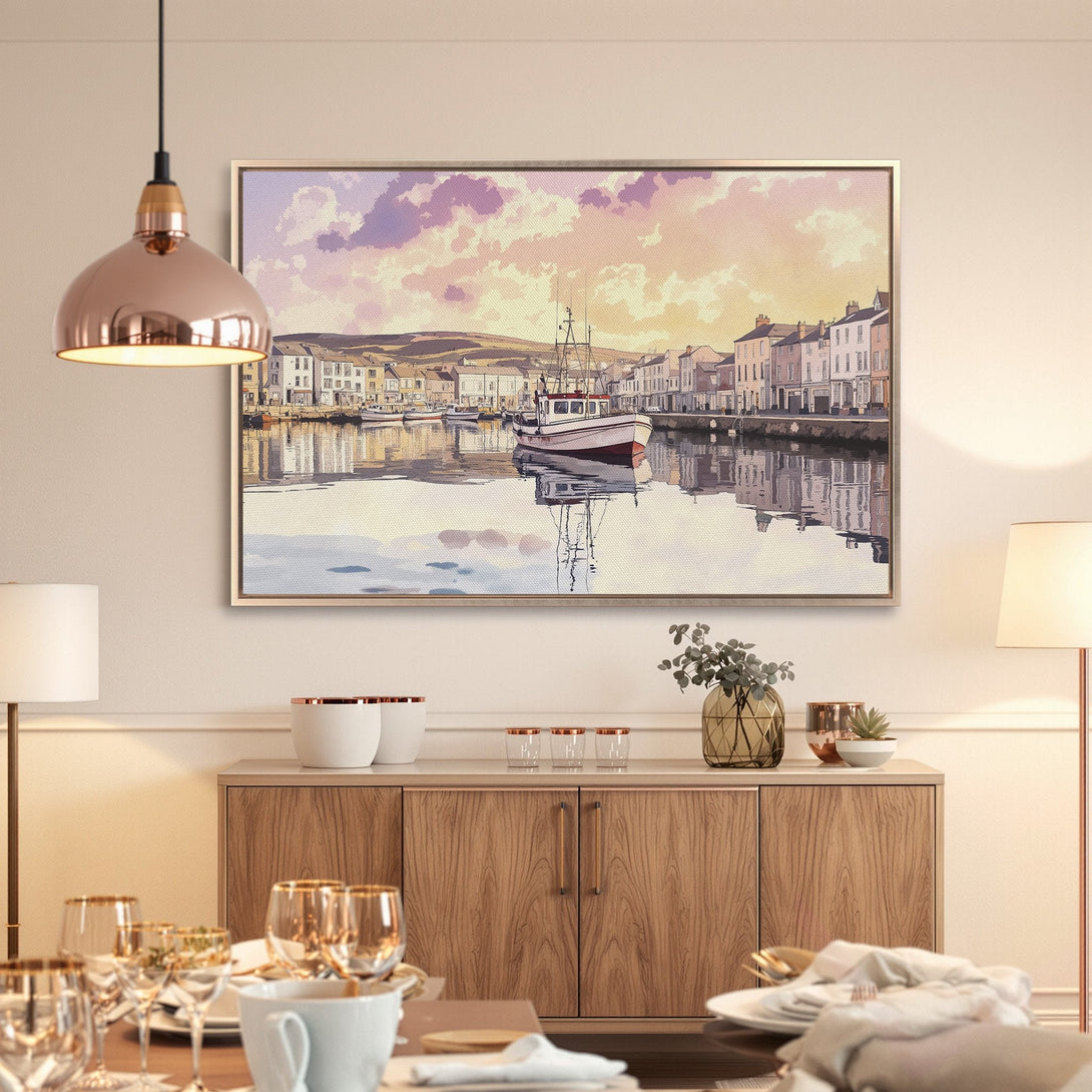 Framed Wall Art: Coastal scene Canvas Print with boat, warm sunset colors. Perfect for living room or dining room decor.