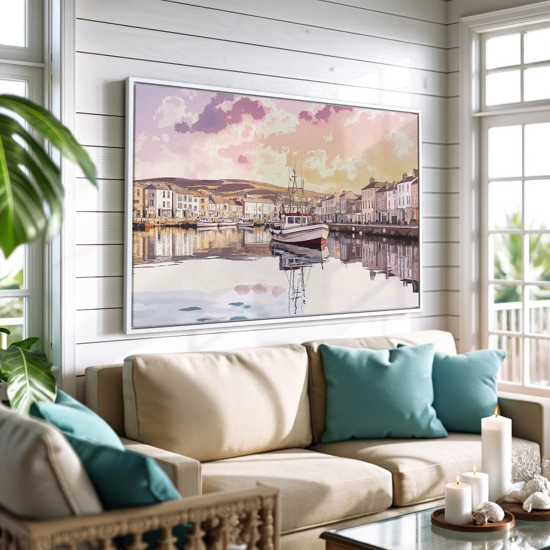 Framed Wall Art featuring a harbor scene in pastel colors. Coastal style Canvas Print adds a touch of serenity to any living space.