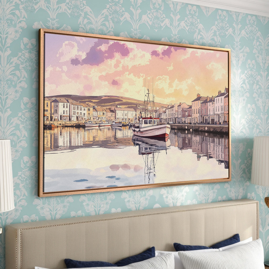 Framed Wall Art: Coastal harbor scene Canvas Print in pastel colors. Perfect for bedroom decor. Adds a touch of serenity and style.