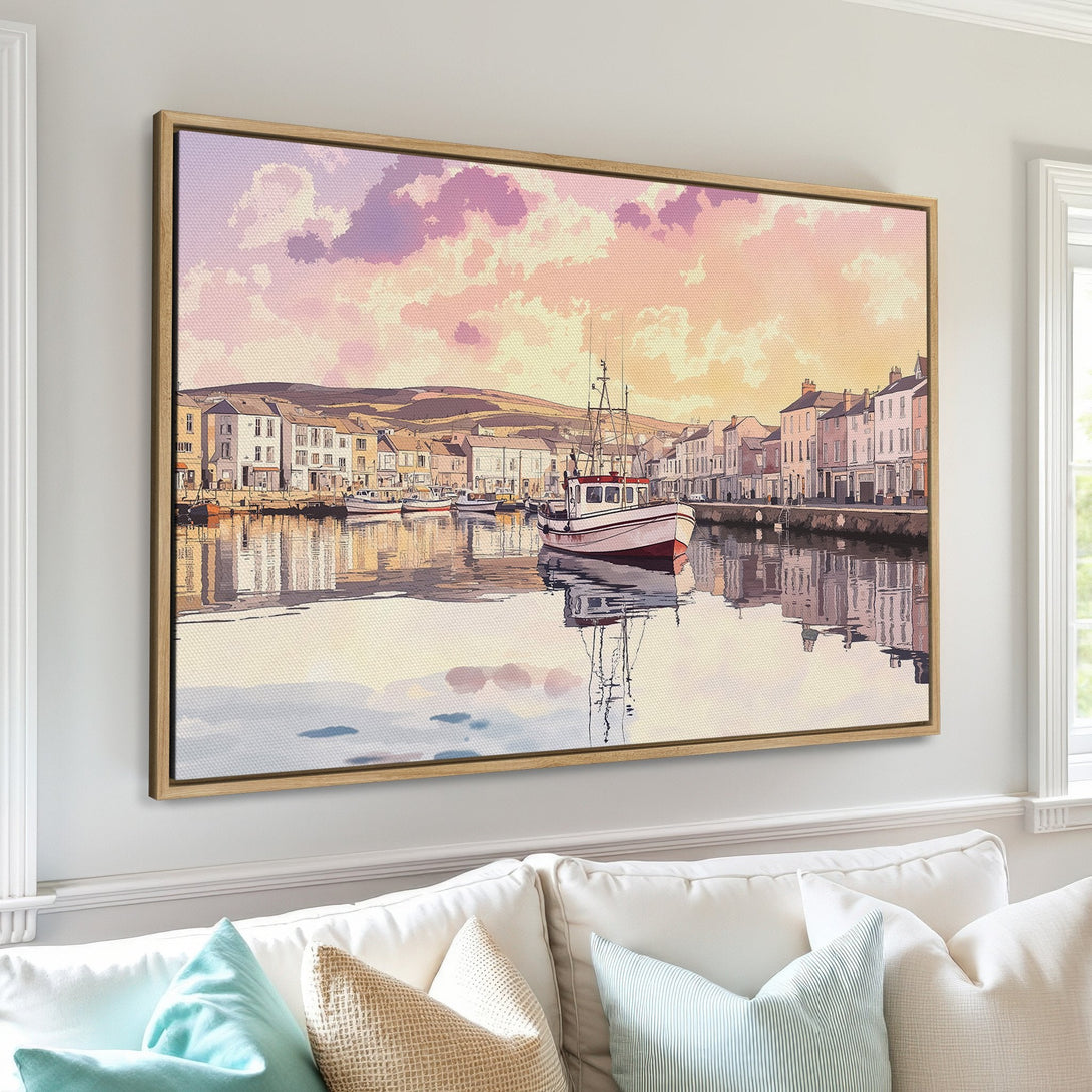 Framed Wall Art: Coastal harbor scene Canvas Print in warm sunset hues. Add a touch of nautical charm to your home decor with this beautiful artwork.