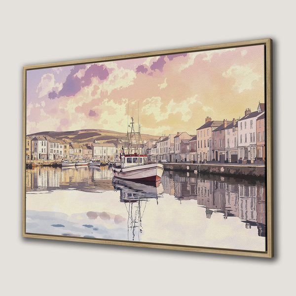 Framed Wall Art: Coastal harbor scene in watercolor style, featuring a boat, buildings, and a warm, pastel color palette. Perfect for adding a touch of serenity to any room.