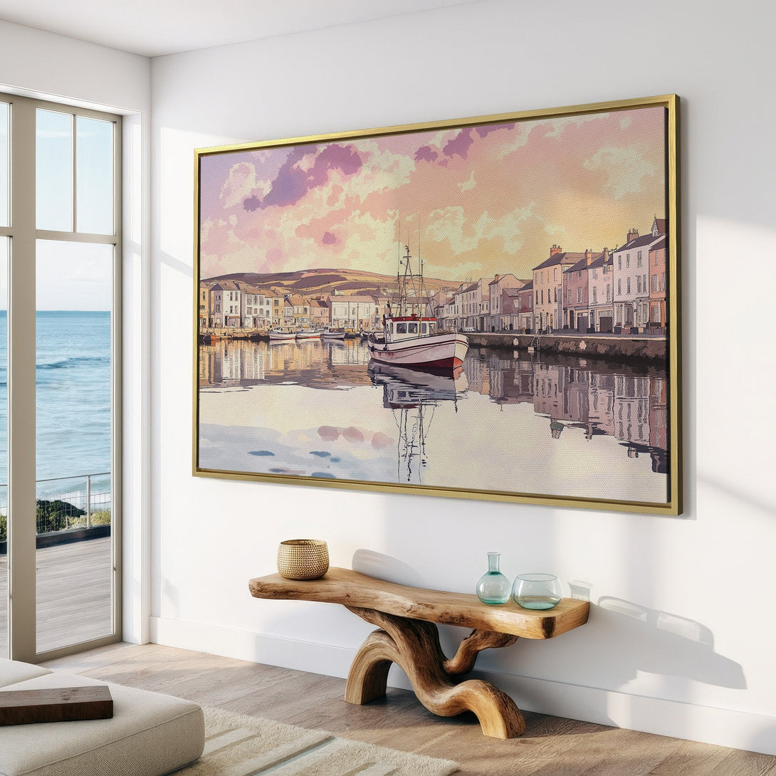 Canvas Print of a serene harbor scene in watercolor style, featuring a boat and buildings, with a soft pastel color palette. Perfect wall decor.