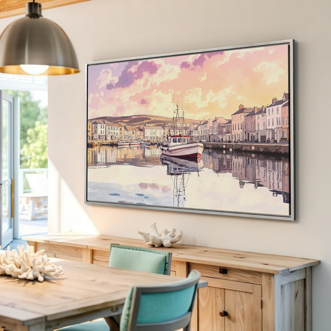 Framed Wall Art: Coastal watercolor scene with boat & buildings, warm sunset hues. Add a touch of serenity to your space with this beautiful canvas print.
