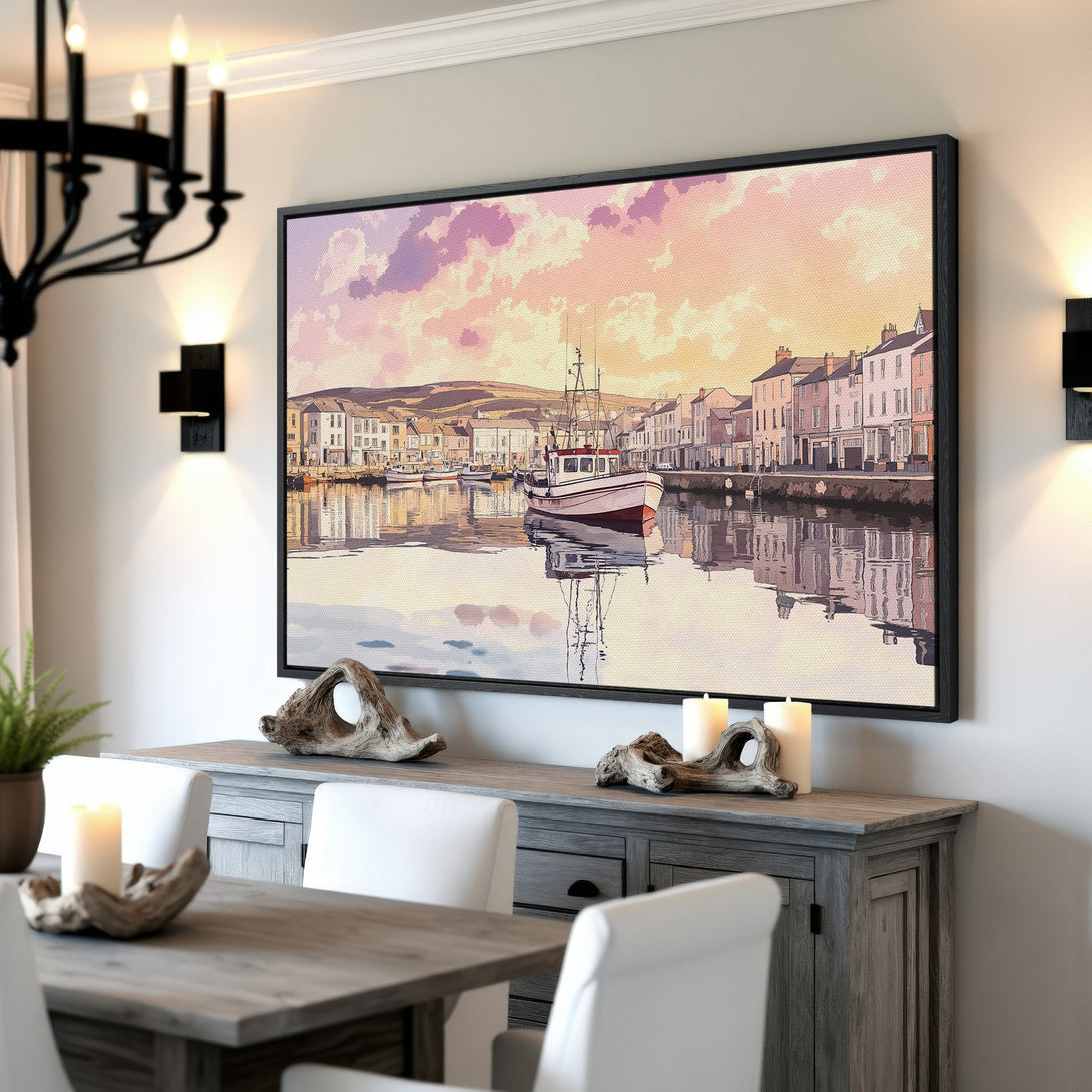 Framed Wall Art: Coastal harbor scene in watercolor style with a warm, pastel color palette. Perfect for adding a touch of serenity to your home.