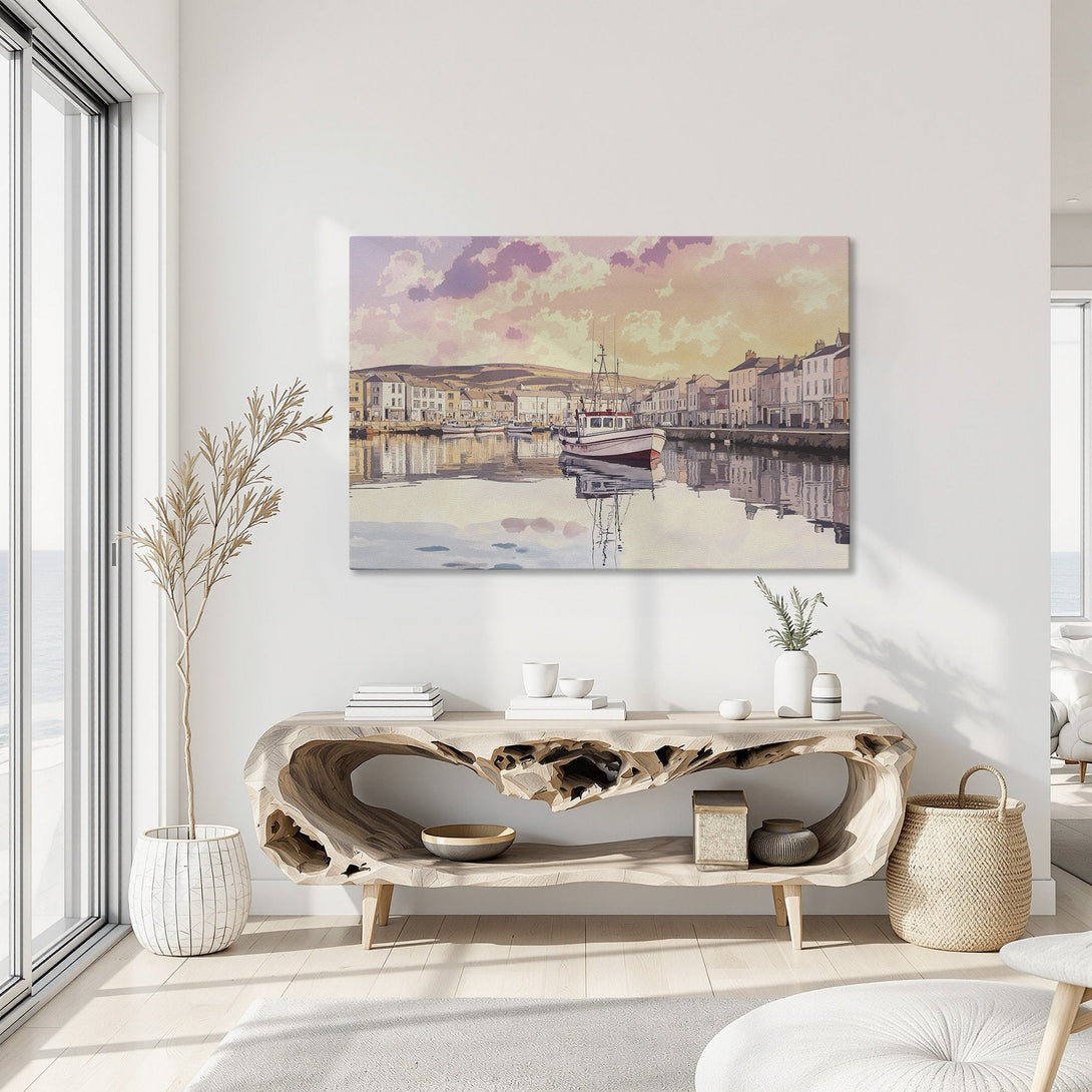 Framed Wall Art featuring a coastal scene with boats and buildings, in a watercolor style with a warm, pastel color palette. Perfect for adding a touch of serenity.